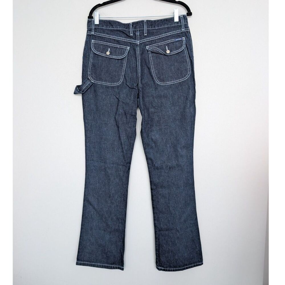 Vintage 90s Guess Dark Wash Contrast Stitch Flap Pocket Bootcut Jeans Sz 31